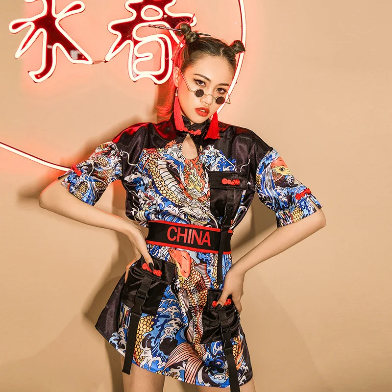 Sexy Dress Nightclub Ds Performance Clothes Women Stage Performance  Chinese Style Printing Short Sleeves Skirt Belt Clothes