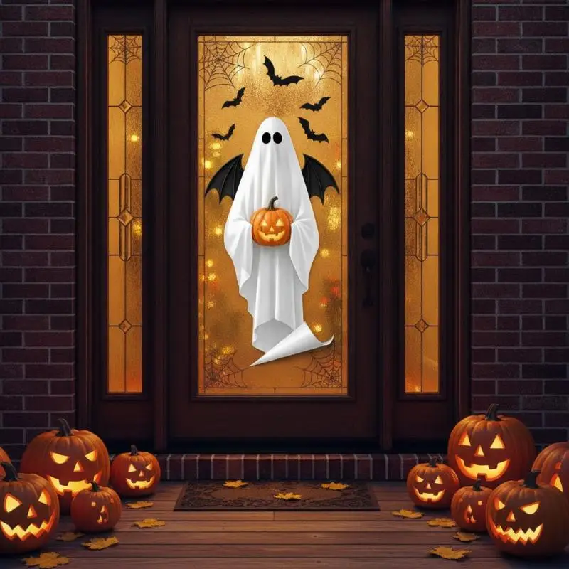 Halloween Window Clings Cute Ghost Spiderweb Bat Pattern Removable Non-Toxic Adhesive Stickers for Mall Window Decor