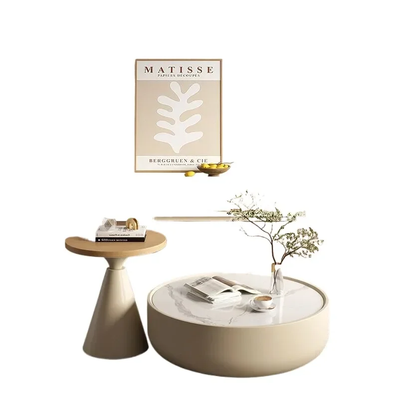 Wabi Sabi Style Coffee Table and TV Cabinet Combo Cream White Slate Top Designer Living Room Furniture for Small Apartments