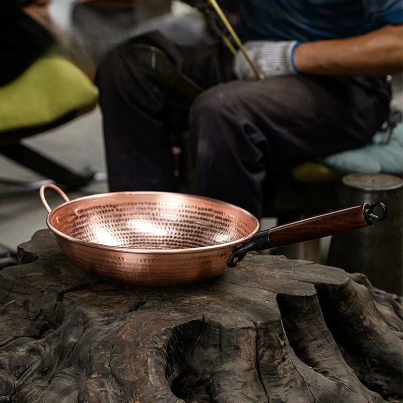 31-38cm Hand-Forged Pure Copper Wok Pan Copper Frying Pan Handmade Thick Plate Purple Double Handle Cookware for Home&Commercial