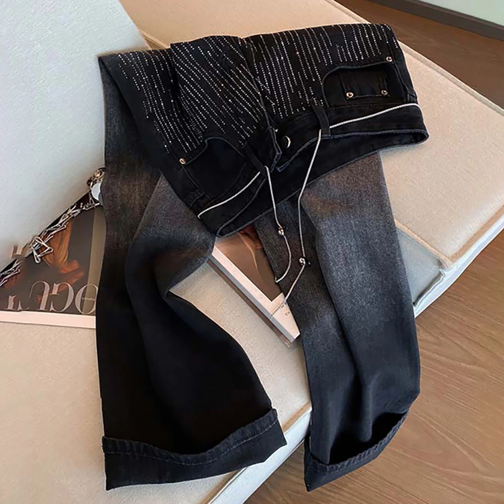 Women's Gradient Black Gray Rhinestone Jeans Spring Autumn Shiny Diamonds Wide Leg Denim Pants Casual Loose Straight Jeans