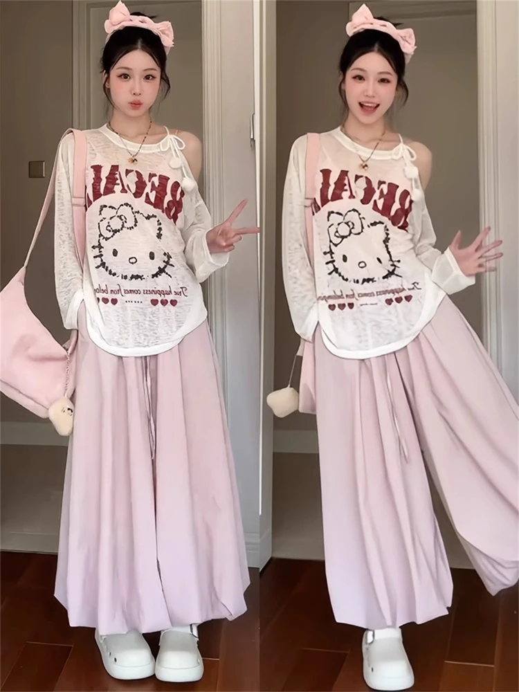 plus Size Pink Flower Bud Wide Leg Pants Women's Casual Style High Waist Loose Ice Silk Pants Korean Version Lantern Pants