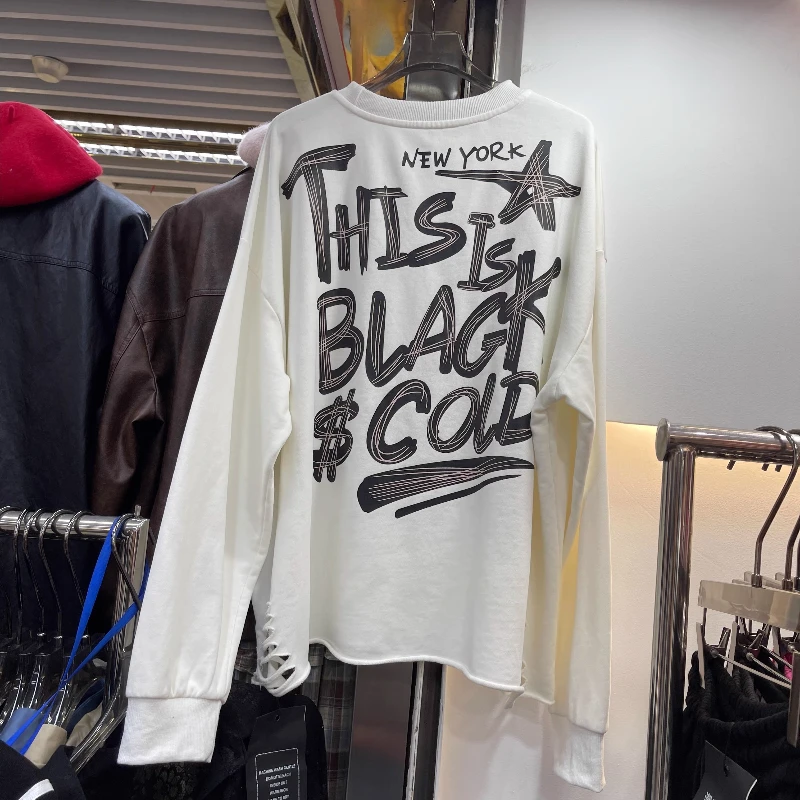 2025 Autumn New Heavy Industry Distressed Design Cartoon Crew Neck Sweatshirt For Women's Loose Fit Short Pullover Top Hoodies