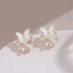 925 Silver Needle Korean Fashion Circle Butterfly Earrings For Women Jewelry 2024 Trending Crystal Pearl Stud Earrings Z40