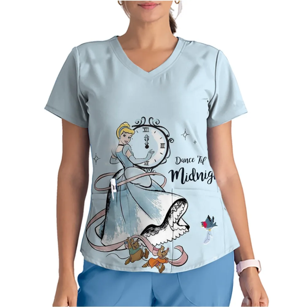 Summer women's nurse uniform printing V-neck Disney Cinderella care top Pet store work uniform nurse care T-shirt