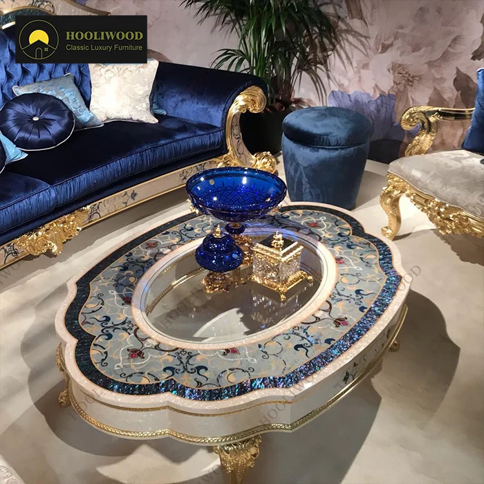 #Unique Irregular Design Luxury French Rococo Coffee Table Antique Hand Carved Wood with Shell Marquetry for Hotel Living Room