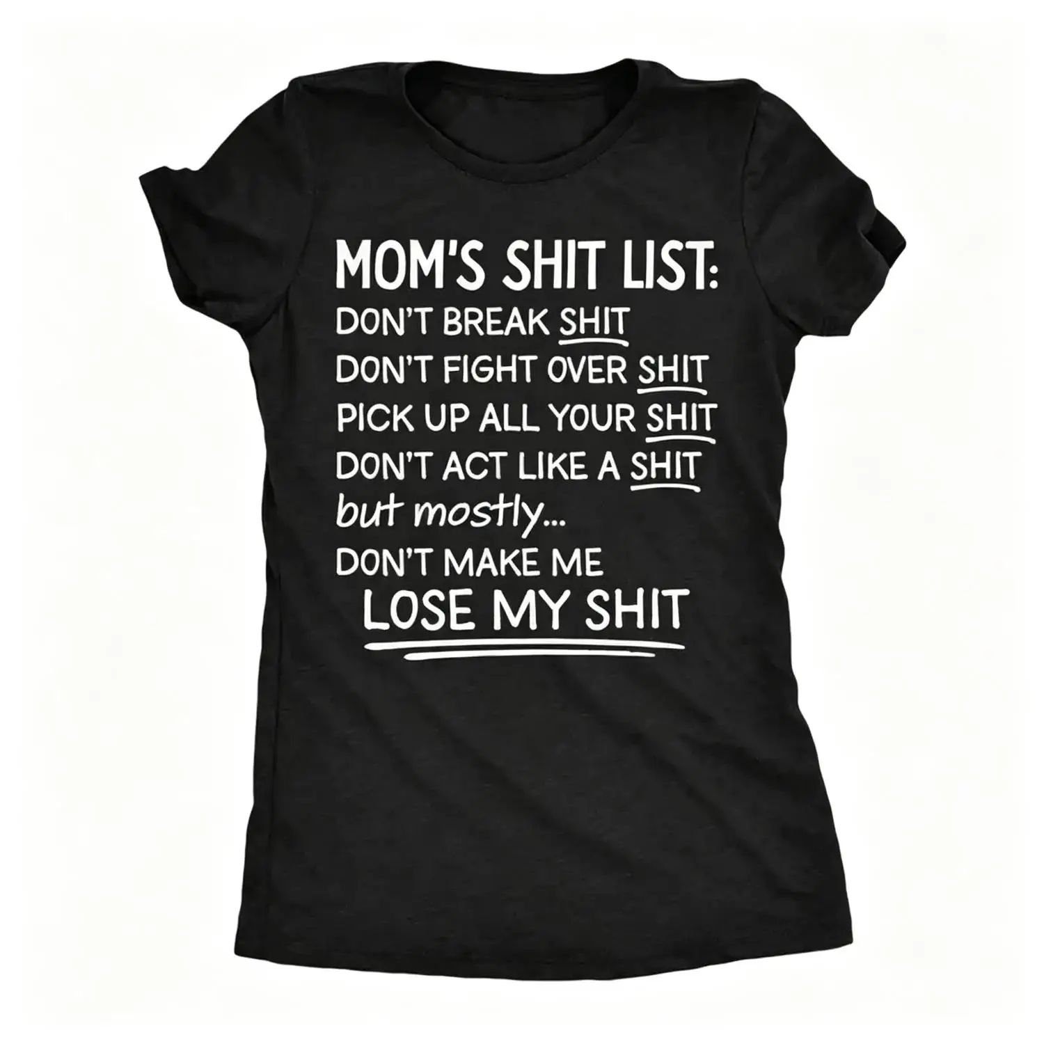 Womens Funny T Shirts Moms Shit List Sarcastic Mothers Tee For Ladies Funny Womens T Shirts Cute Vintage Fashion Casual Ladies T-Shirt Gift Mother's Day Tops for Women Funny offensive Top Women's Novelty Tees Black