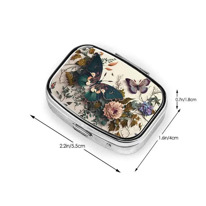 Vintage butterfly flower pill box cell portable pill box pocket or purse decorated with metal medicine vitamin travel unique