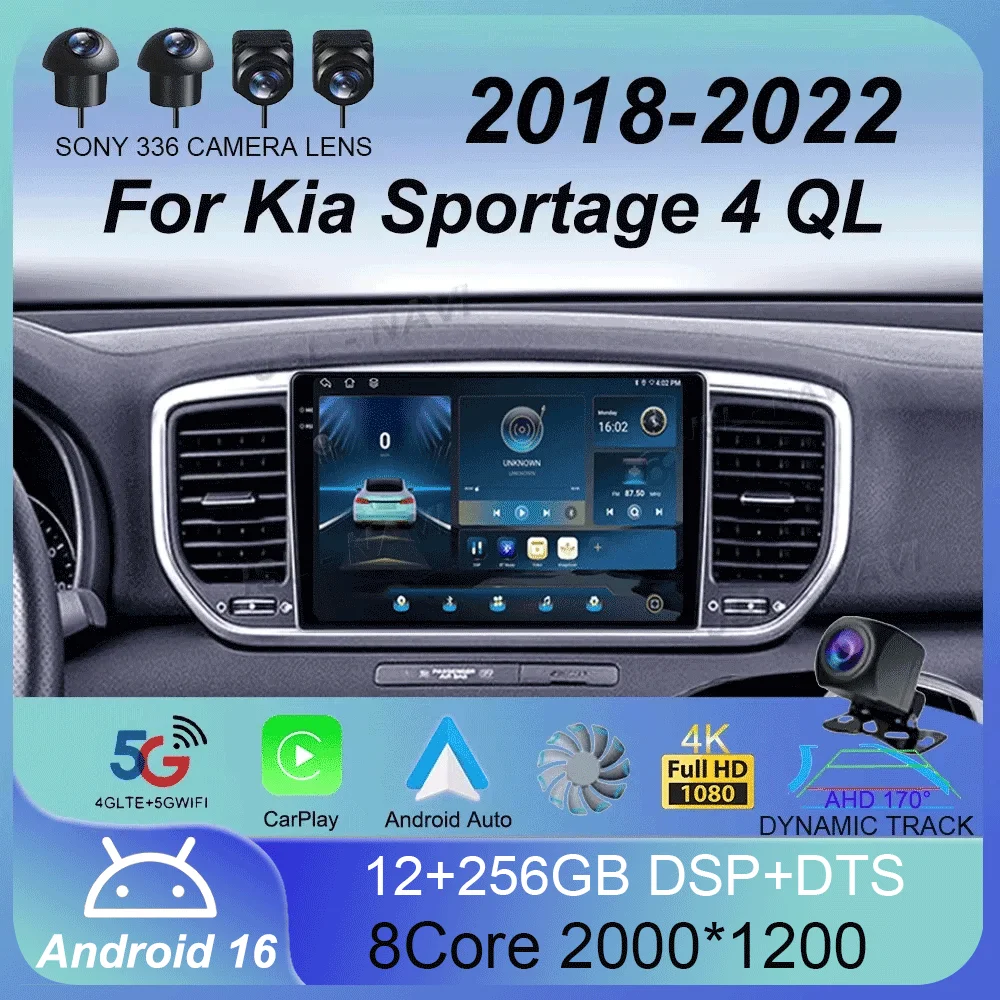 Car Radio Android 16 Player For Kia Sportage 4 QL 2018 2019 2020 2021 2022 GPS Head Unit Navigation 2 DIN Video WIFI+4G Stereo