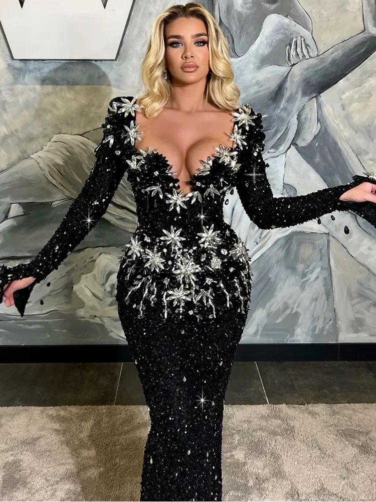 Luxury Prom Gowns for Women Elegant Black Long Sleeve V Neck Crystal Sequines Beading Maxi Long Celebrity Evening Party Dress