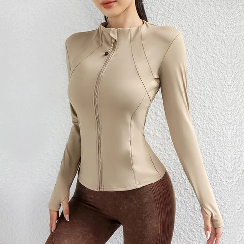 Imagen 2 del producto Nueva chaqueta ajustada de color liso con cremallera, abrigo de manga larga, deportes, correr, fitness, chaquetas largas de yoga para mujer