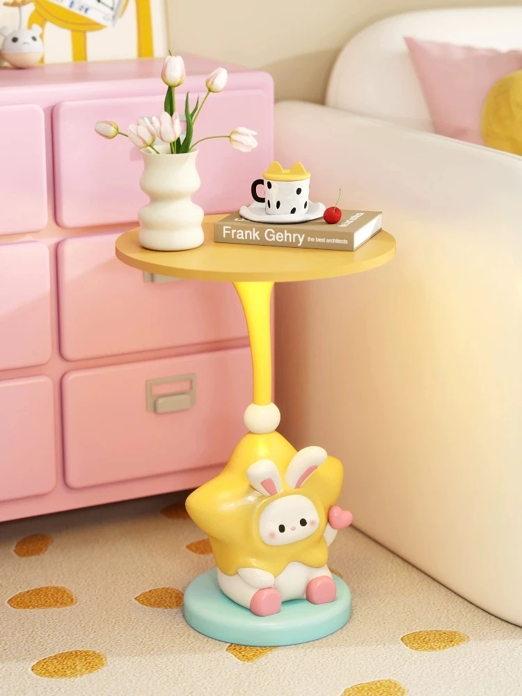 Cartoon Rabbit Side Table Kawaii Room Decor Furniture Living Room Small Coffee Table Creative Children's Room Yellow Round Table