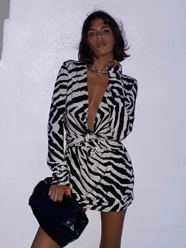 

Naturaleye Slim Fit Zebra Print Long Sleeve Dress High Waist Commute Style Spring Summer Women's Fashion Dress