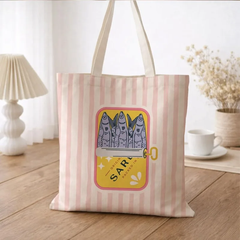Funny Graphic Canvas Tote Bag Reusable Dark Humor Shoulder Bag Multi Functional High Capacity Shopping Bags Sardine Handbag