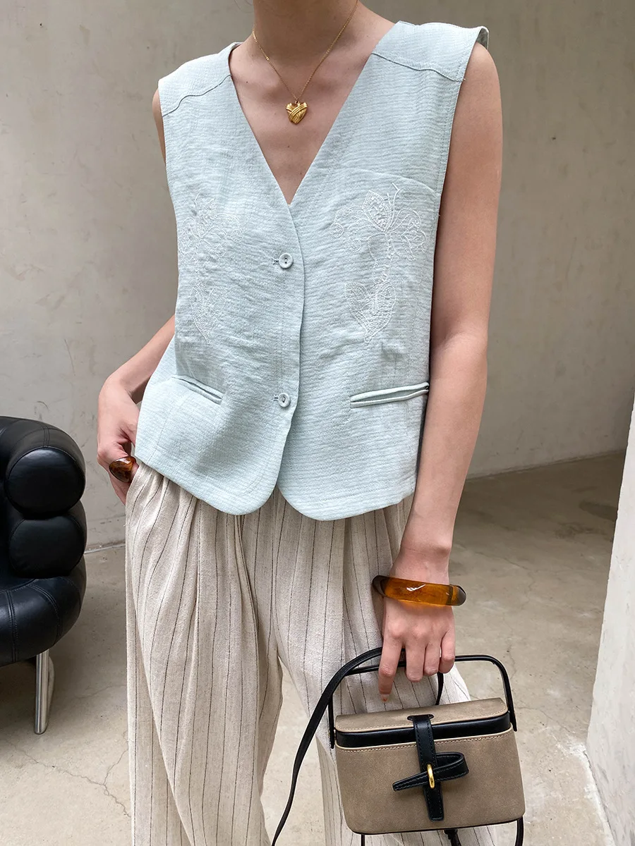 Sommerliche Damen-Weste, einfarbig, modisch, mit Stickerei, V-Ausschnitt, ärmellos, elegant – Detail 12