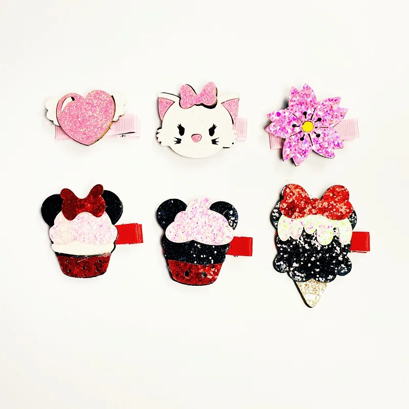 10sets 3in1 Glitter Cupcake Icecream Hairpins Pink Cat Floral Heart Barrettes Boutique Hair Accessories Fashion Headwear