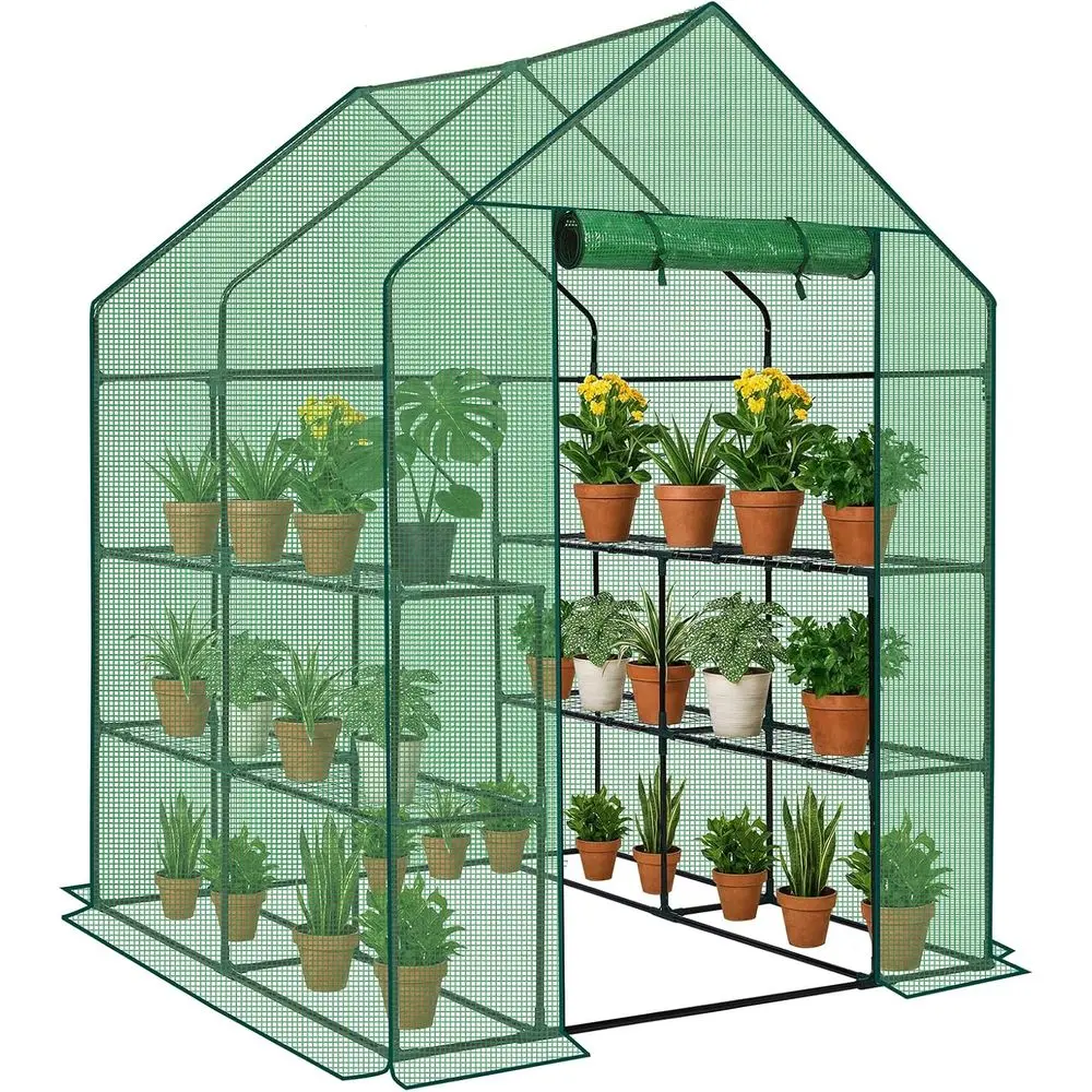 

Durable Outdoor 3-Tier Greenhouse with 8 Shelves, Zippered Door, 56x56x77 Green