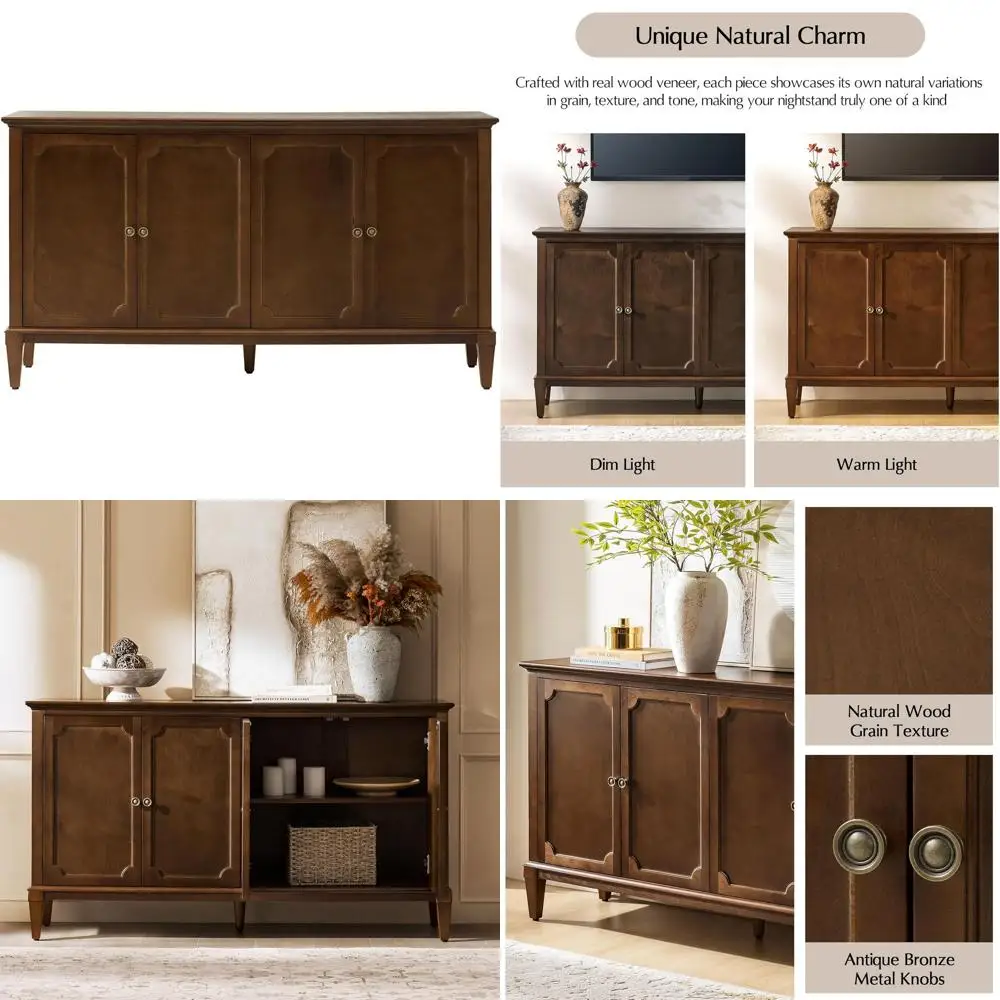 

-Century ern Sideboard Cabinet, 4-Door Storage Buet, 58" W x 15.75" D x 32.2" H, Adjustable Shelves, Solid Rubberwood Legs(Walnu