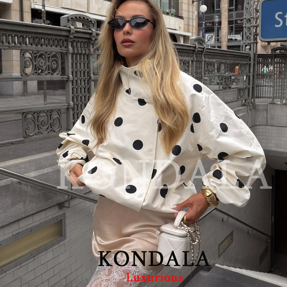 KONDALA Casual Polka Dot Bomber Jackets Long Sleeve Pockets Elegant Women Outwear Fashion 2026 Fall Streetwear Y2K Girl Jackets