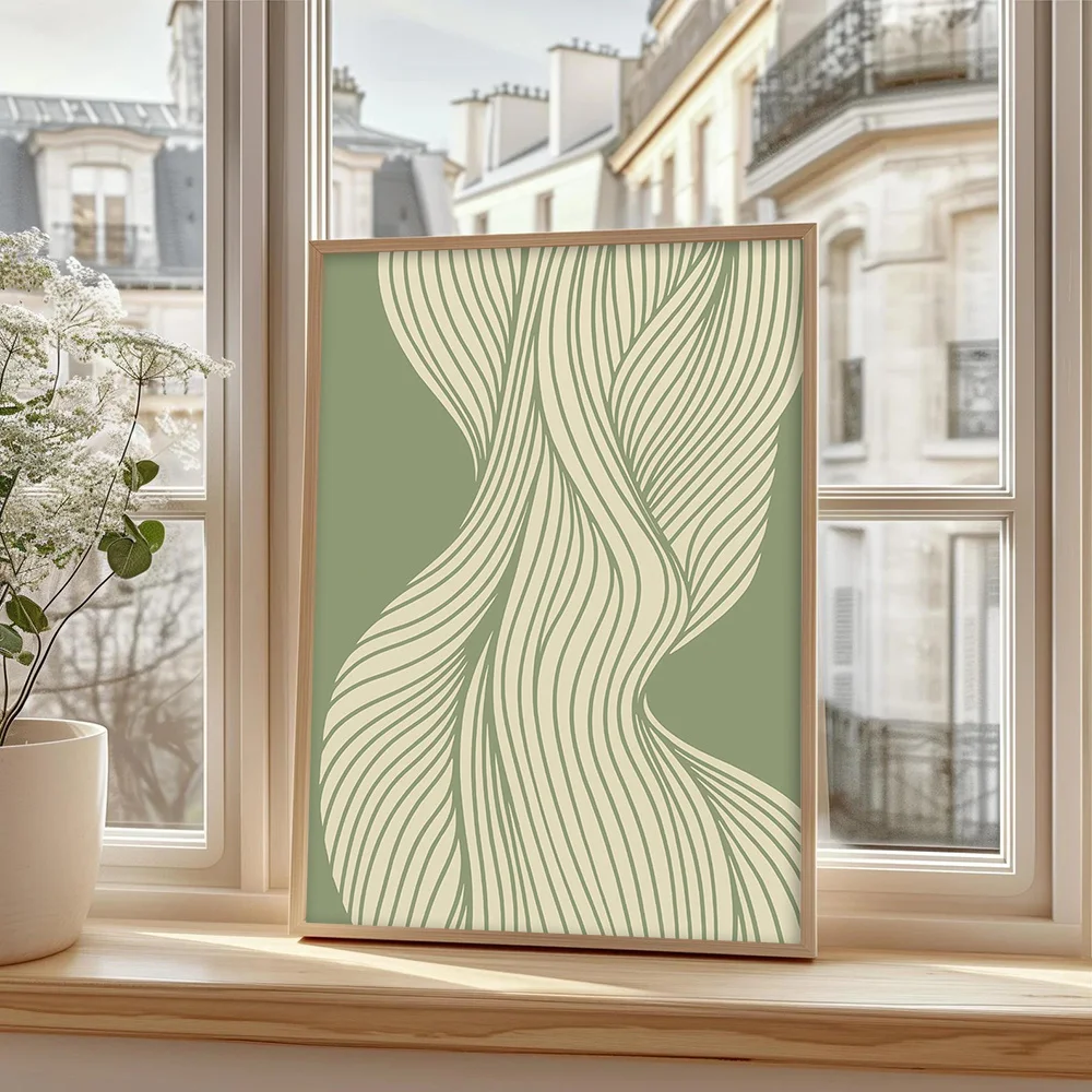 1pc Vertical Mint Green & White Abstract Line Art Print - Modern Minimalist Beige & Olive Green Wavy Canvas Painting, Unframe