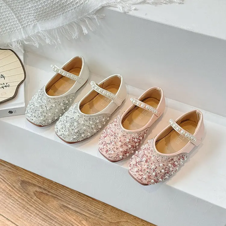 

Kids Leather Shoes for Girls Glitter Rhinestone Children Crystal Shoes Girls Dress Flats for Wedding Party Pearls Beading Bling