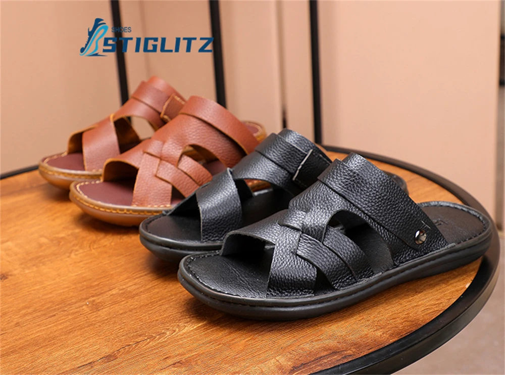 Sandalias planas de piel auténtica para hombre, zapatillas informales con punta abierta hueca, suela suave Oxford, Color sólido, para vacaciones y playa