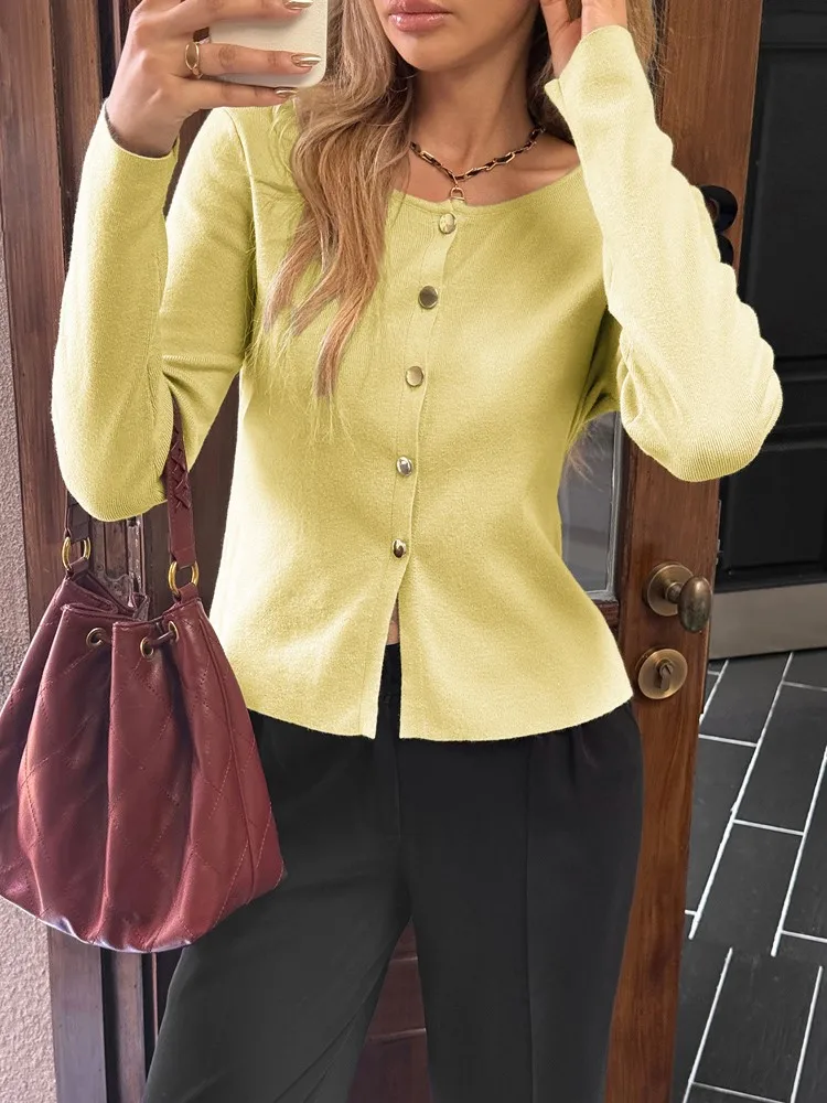 

New Fashion Autumn Winter Casual Solid Button Round-neck Long-sleeve Slim-fit Women's Knitted Cardigan, Streetwear Women Tops