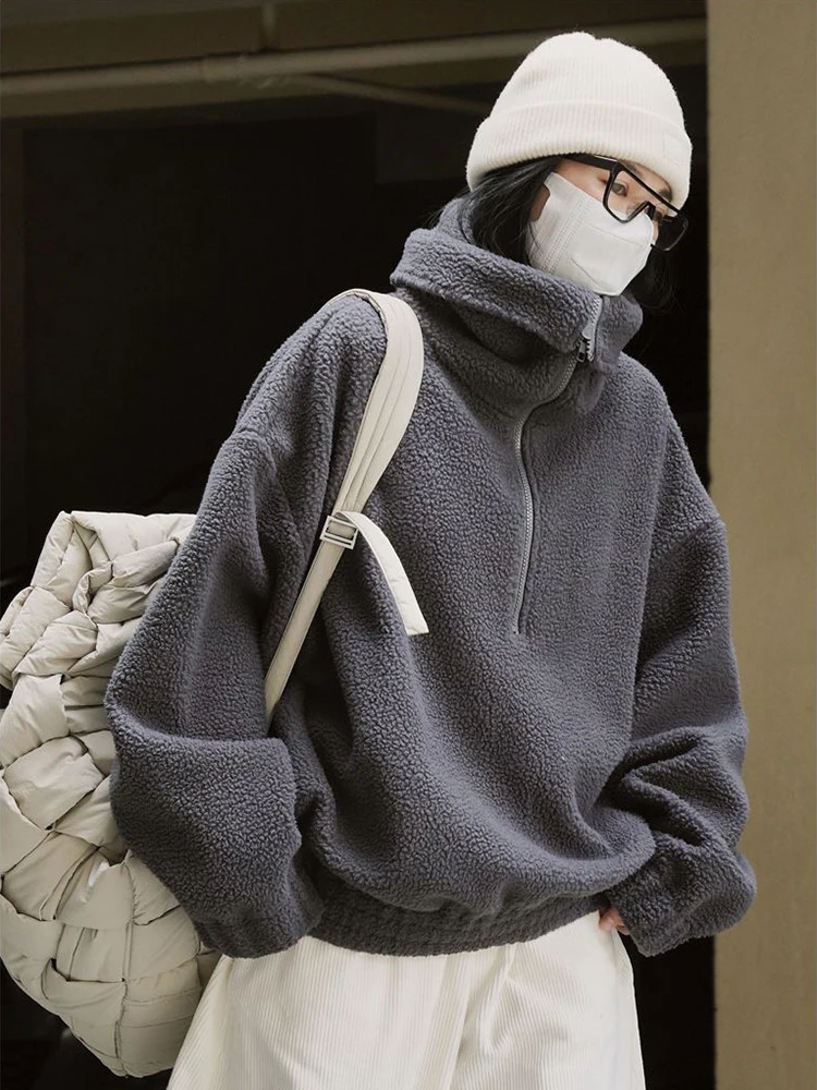 بلوزات الصوف القطبي الياباني خريف شتاء كسول الرياح المرأة البلوفرات كبيرة الحجم أنيقة نصف سستة الصلبة الدافئة فضفاضة بلايز عادية