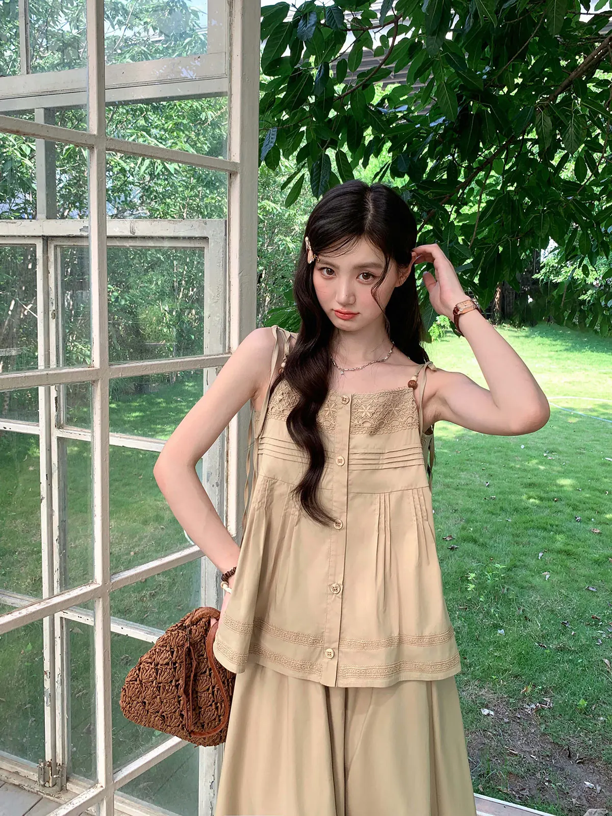 

Женский летний комплект больших размеров: топ с широким вырезом и юбка на бретельках с деревянными бусинами, повседневный свободный крой, комплект из двух предметов