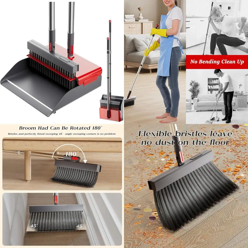 

Adjustable 50 Long-Handle Broom and Dustpan Set with 180° Swivel for Home and Kitchen Use