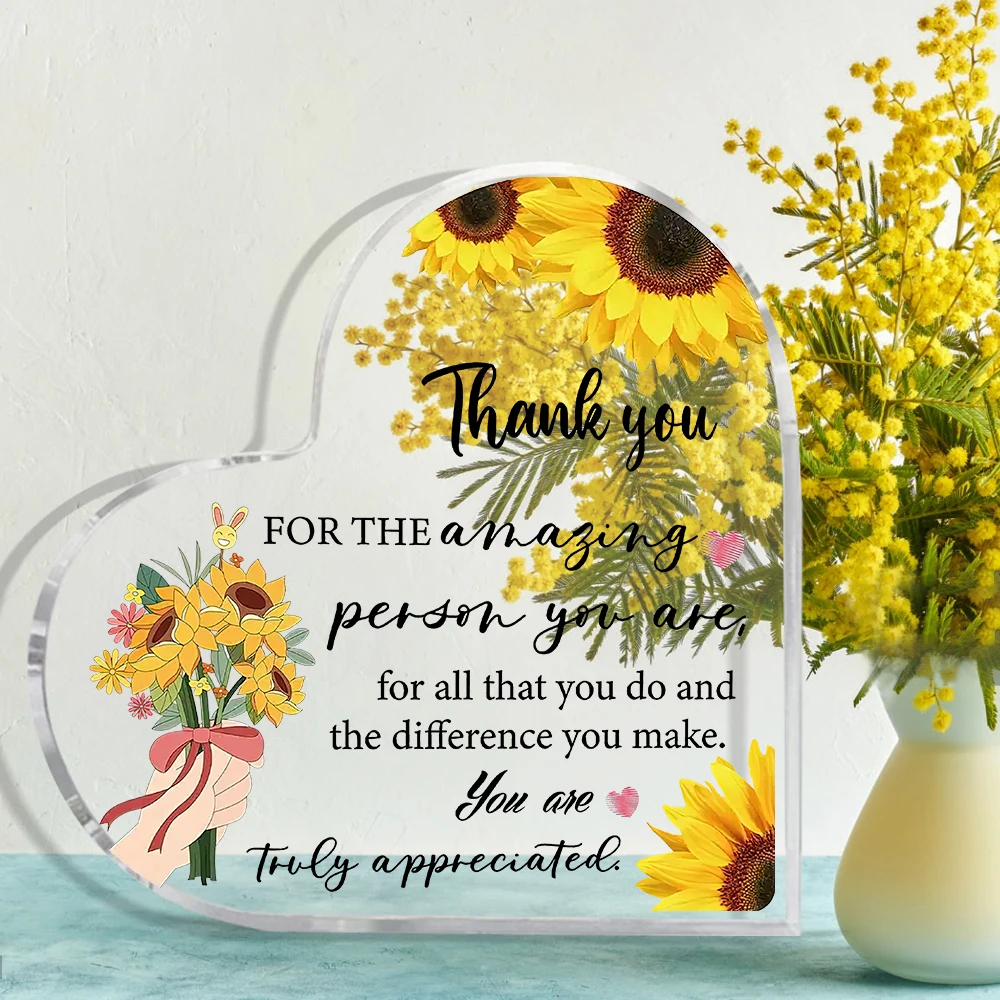 1pc Heart-Shaped Acrylic Appreciation Plaque, Transparent Thank You Sign with Sunflower Design, Desktop Decor, No Electricity