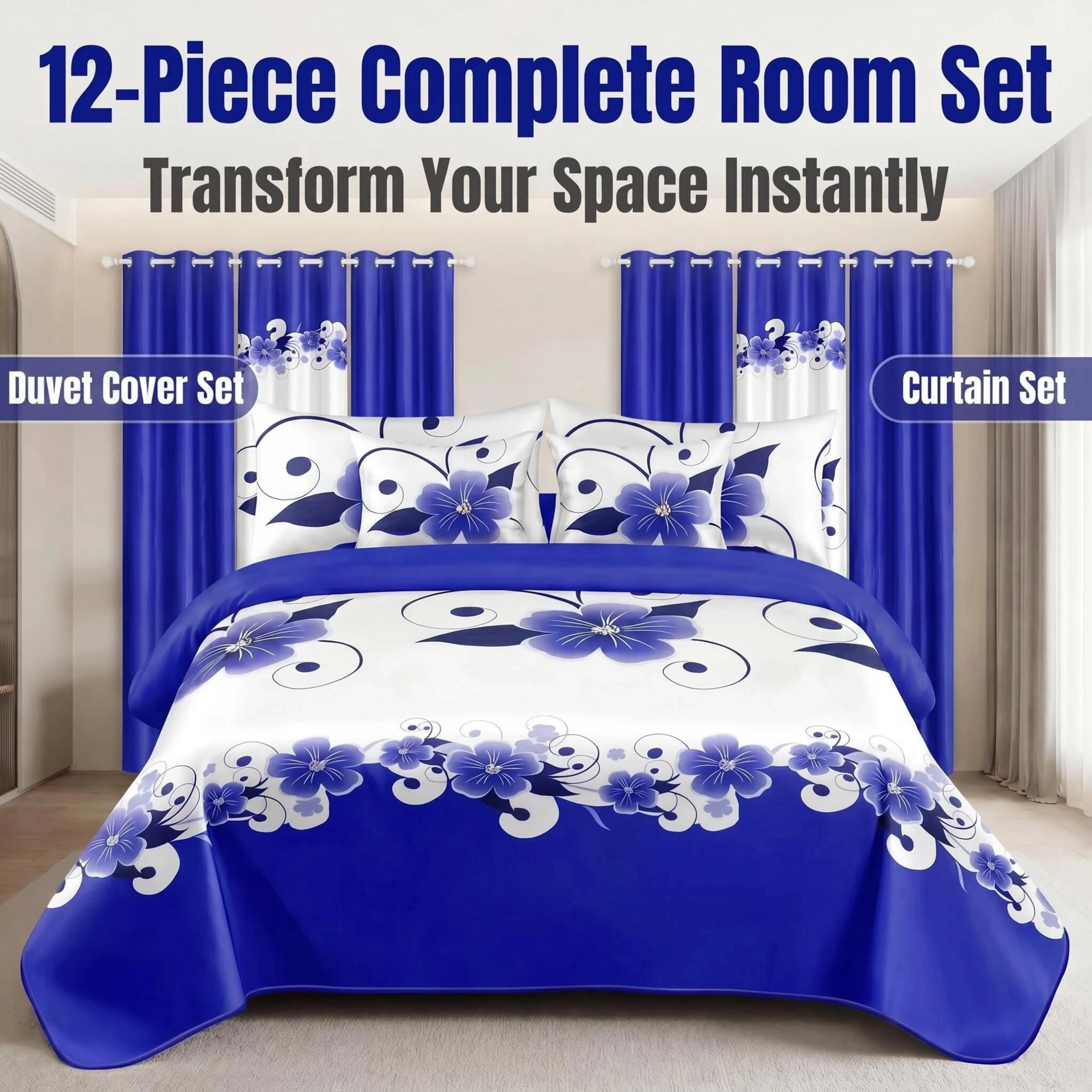 

12-Piece Royal Blue Floral Room in a Bag, Complete Duvet Cover Set with 18" Deep Pocket Fitted Sheet, 6 Window Curtains & 2 Throw Pillow Covers, Pet Friendly Microfiber