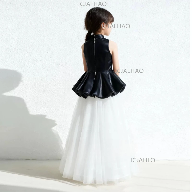 2026 Kids White Sleeveless Long Dress Girls Princess Gown Performance Host Birthday Party Elegant French Evening Gown Costume