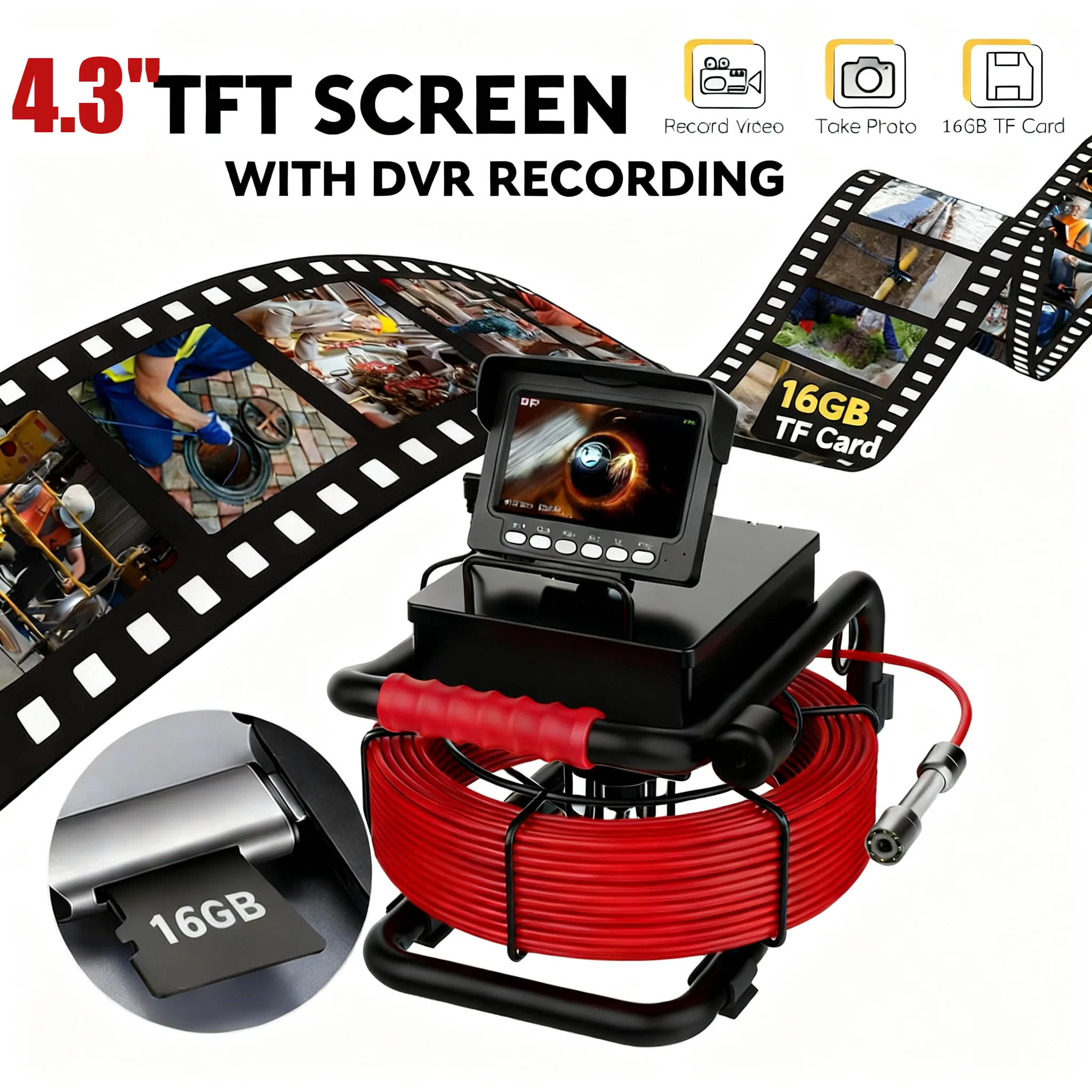 

DVR 16GB Sewer Pipe Camera,17/22MM HD 1000TVL Camera, 4.3" IPS Screen Borescope with 10-50M Cable & 5600mAh Battery, Waterproof