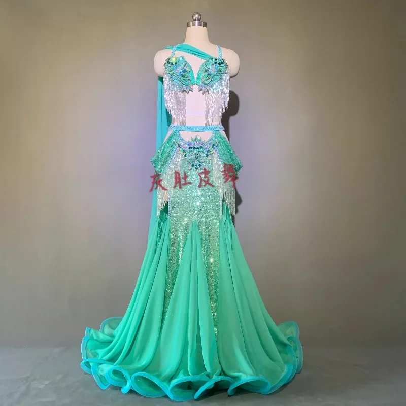 Costume de spectacle de danse du ventre personnalisé, taille haute, queue de poisson menthe, grande jupe, Costume de danse orientale, soutien-gorge de danse du ventre pour femmes