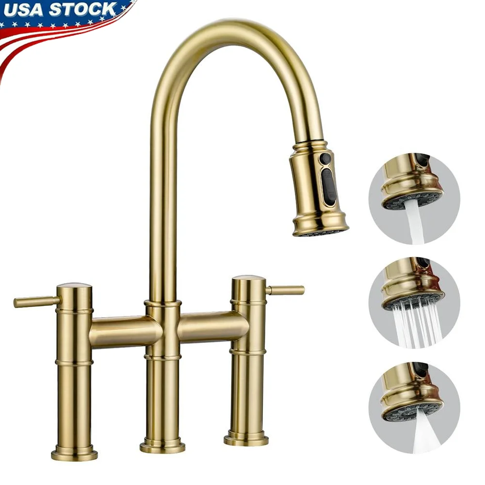 Gold Vintage Bridge Kitchen Faucet 3 Hole with Pull Down Sprayer Solid Copper Cartridge 3 Water Modes High Arc RV Laundry Room