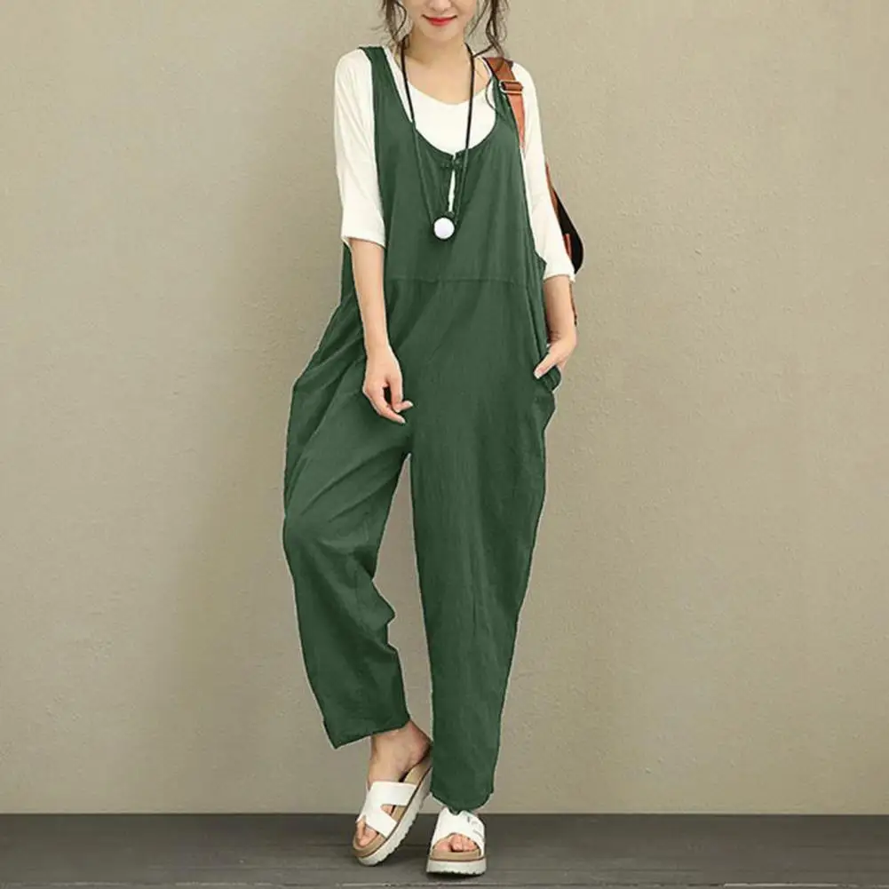 Jumpsuit kasual warna polos, Jumpsuit wanita musim panas dengan leher U desain tanpa lengan kaki lebar sisi warna Solid untuk apa pun