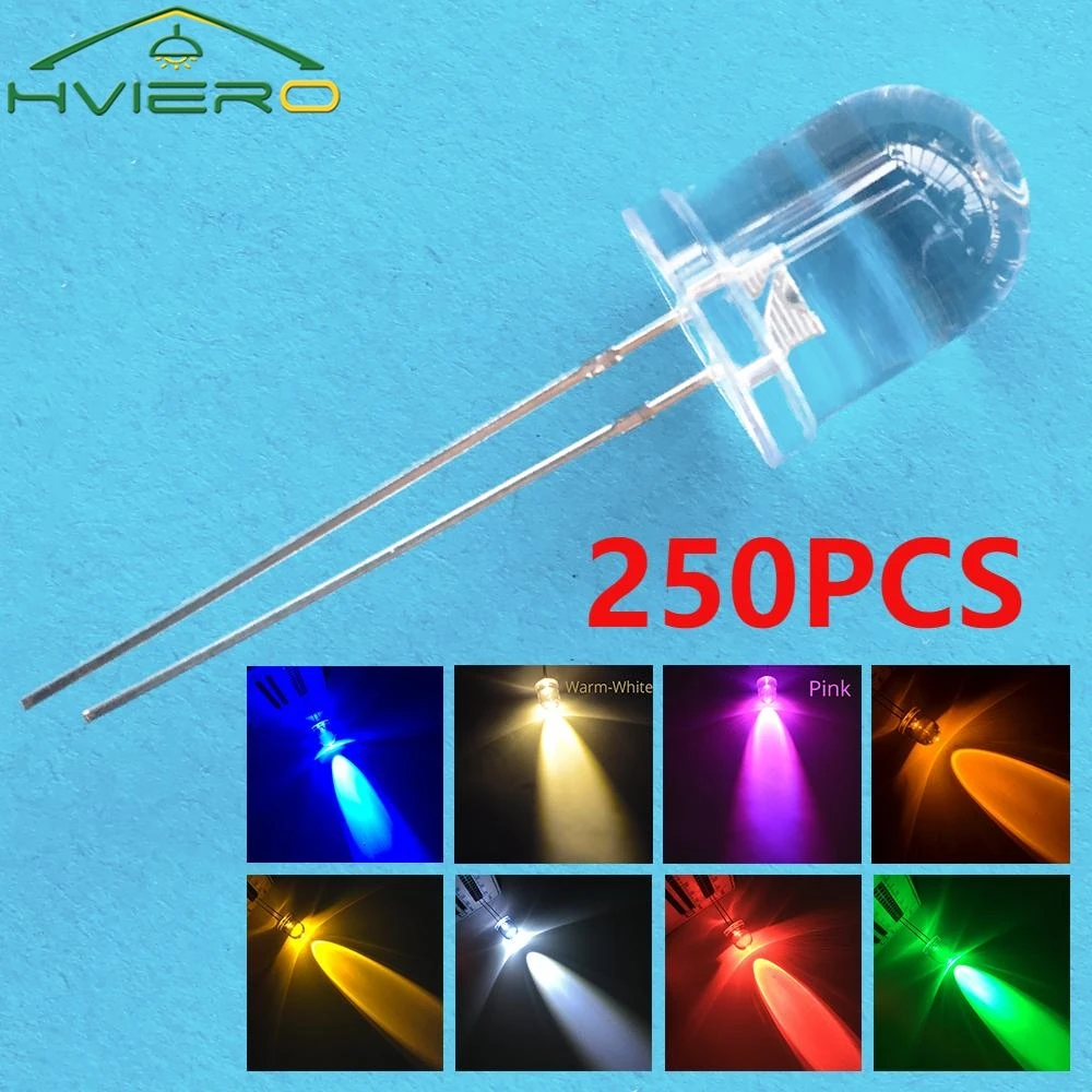 250Pcs 10mm F10 Round Top Ultra Bright Emitting Diode LED White Red Green Blue Yellow UV Pink Light Diodes Lamp Bulb Min Led
