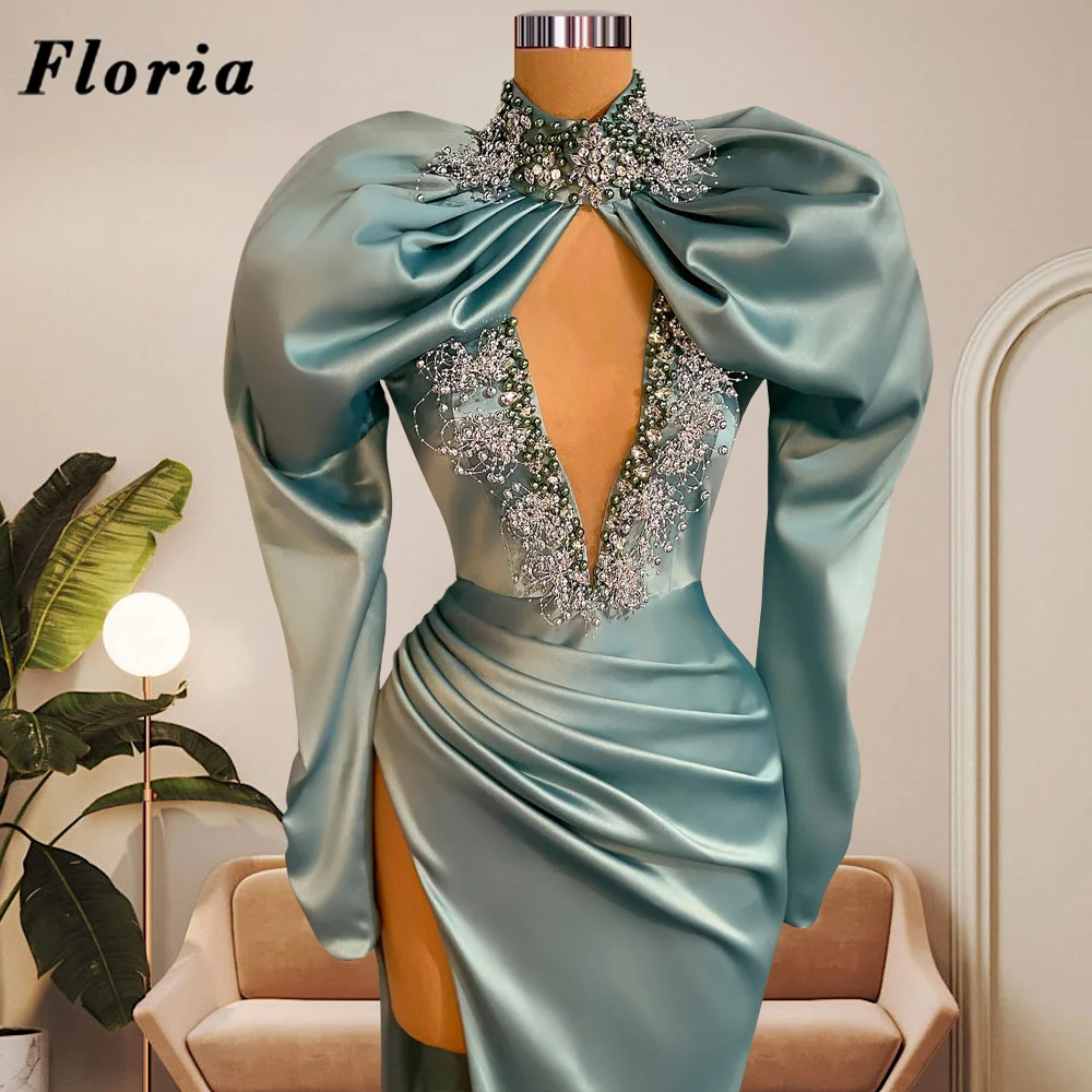 Floria Middle East Green Long Evening Dresses High Side Slit Women Beading Dress For Weddings Party Customize Dubai Prom Gowns