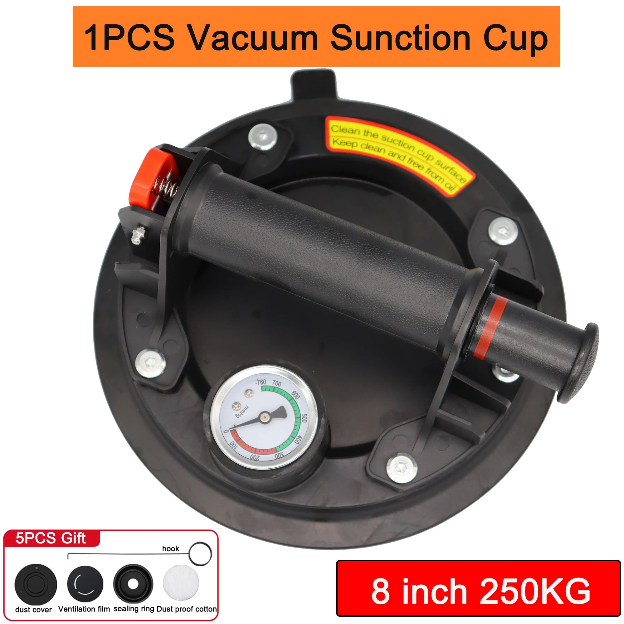 250kg vacuum suction cup 8 inches with pressure gauge 250kg heavy-duty vacuum lift granite ceramic tile glass manual lifting