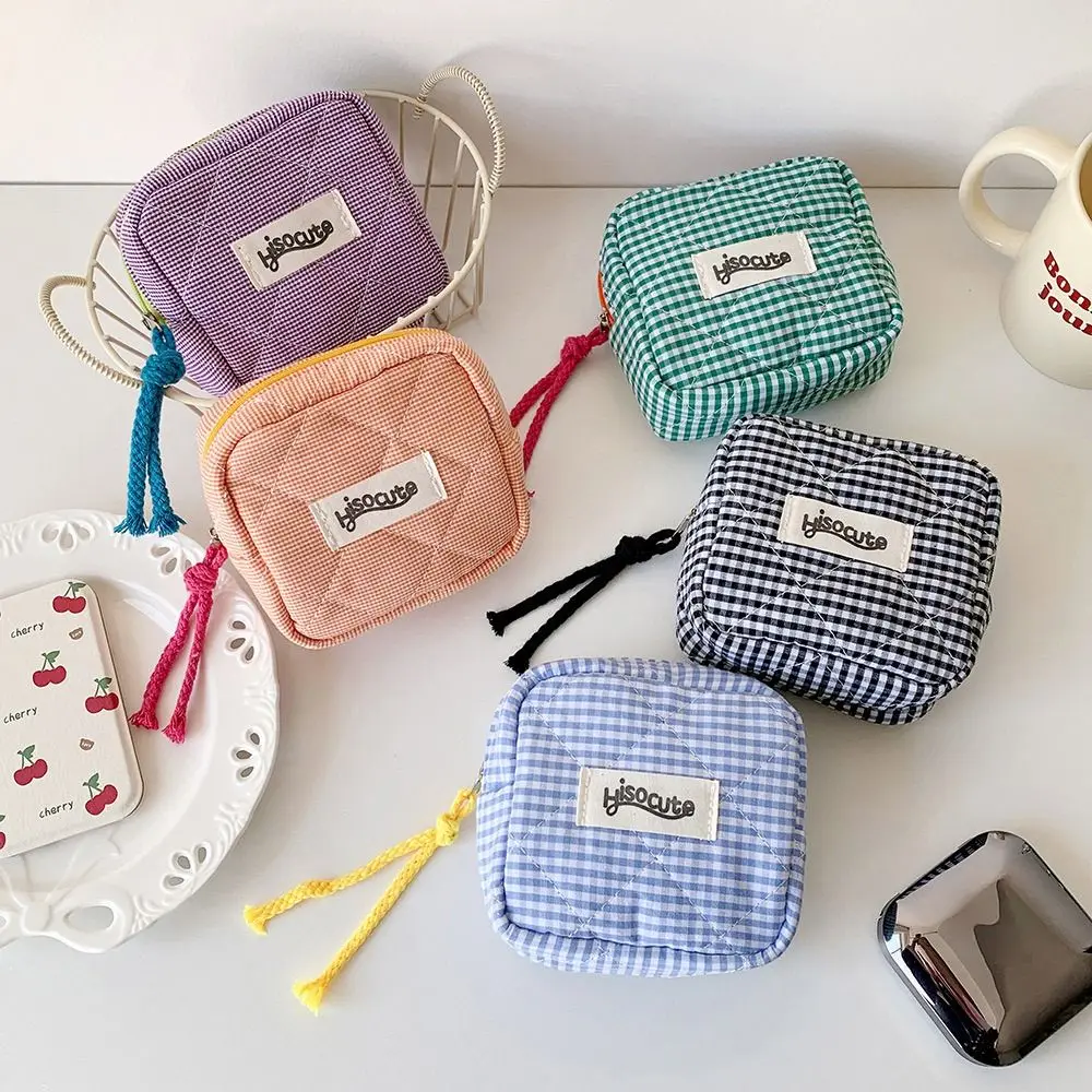 Portable Plaid Coin Purse with Zipper Large Capacity Cosmetic Bag Sanitary Pads Earphones Lipstick Pouch Gift