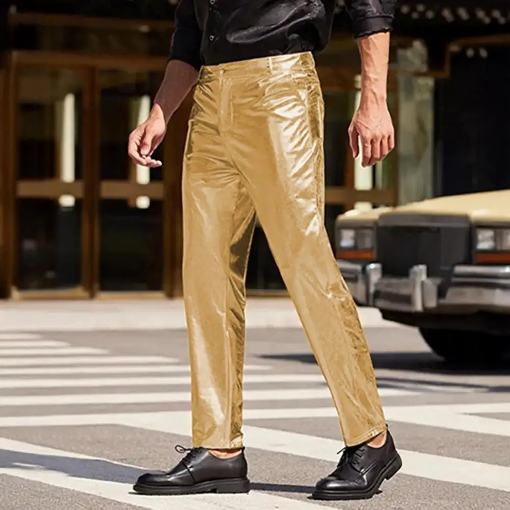 

Men Trousers Shiny Glossy Men's Club Pants with Reinforced Pockets Stylish Mid-rise Trousers for Casual Wear Button Zipper Fly