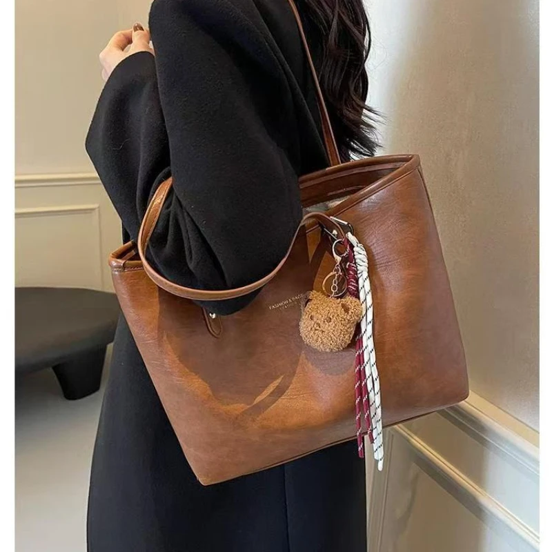 ヴィンテージ大容量トートバッグ、女性用、秋冬カジュアル通勤ショルダーバッグ、学生用ハンドバッグ