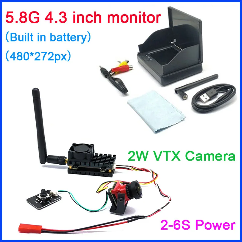 

5.8G 48CH 4.3 Inch FPV Monitor 480x272 Build-in Battery with 5.8Ghz 48CH 2000mW VTX transmitter and Starlight 1200TVL fpv camera