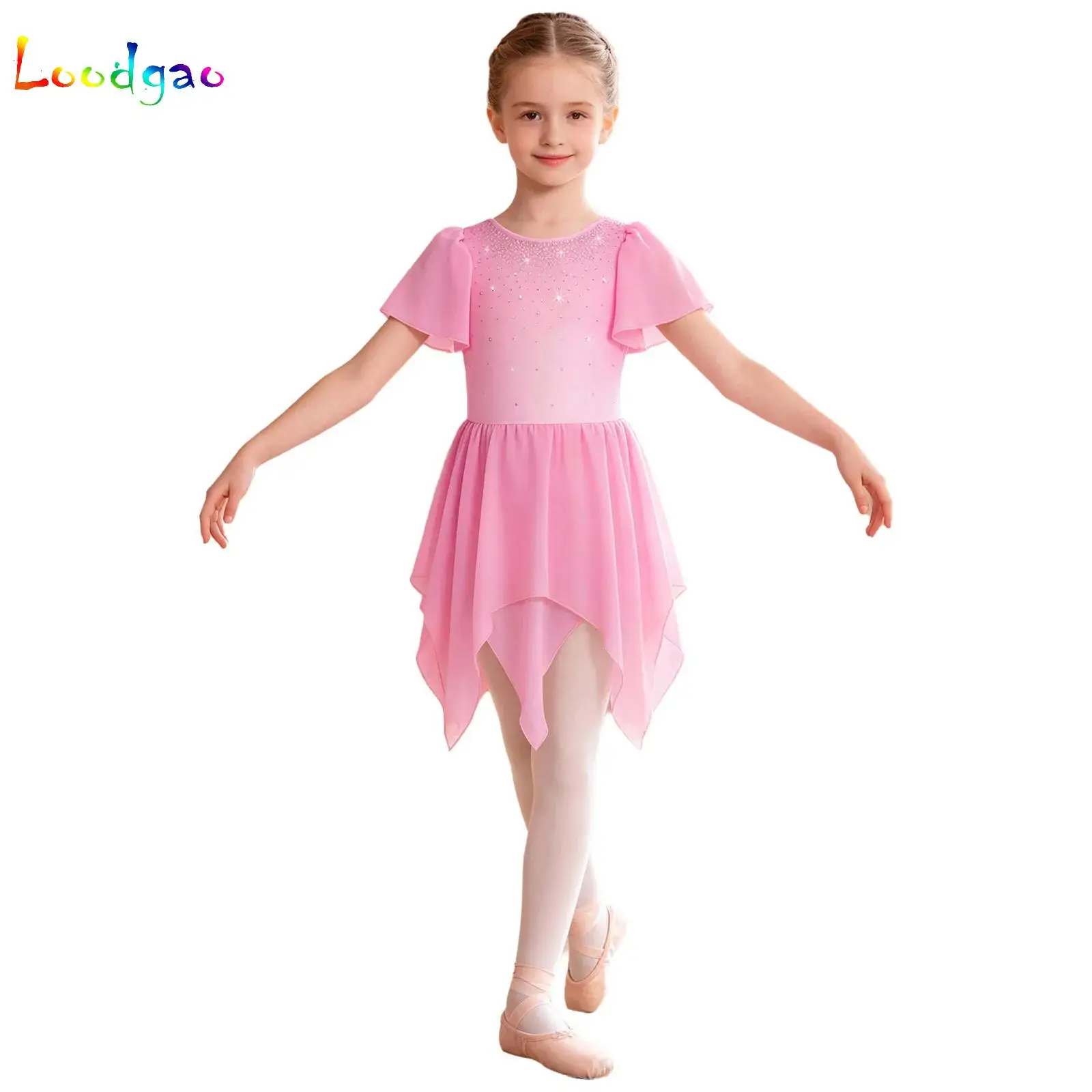 Gradient Color Figure Ice Skating Dress for Kids Girls Rhinestone Gymnastics Leotard Ballroom Ballet Dance Performance Costume