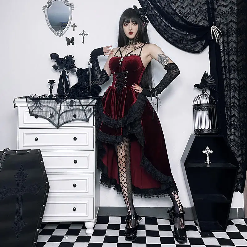 Donkere Halloween Gothic Ceinted Close Cross Backless Jurk Sexy Jsk Lolita Trein Jurk Kort Aan De Voorkant En Lang Aan De Achterkant