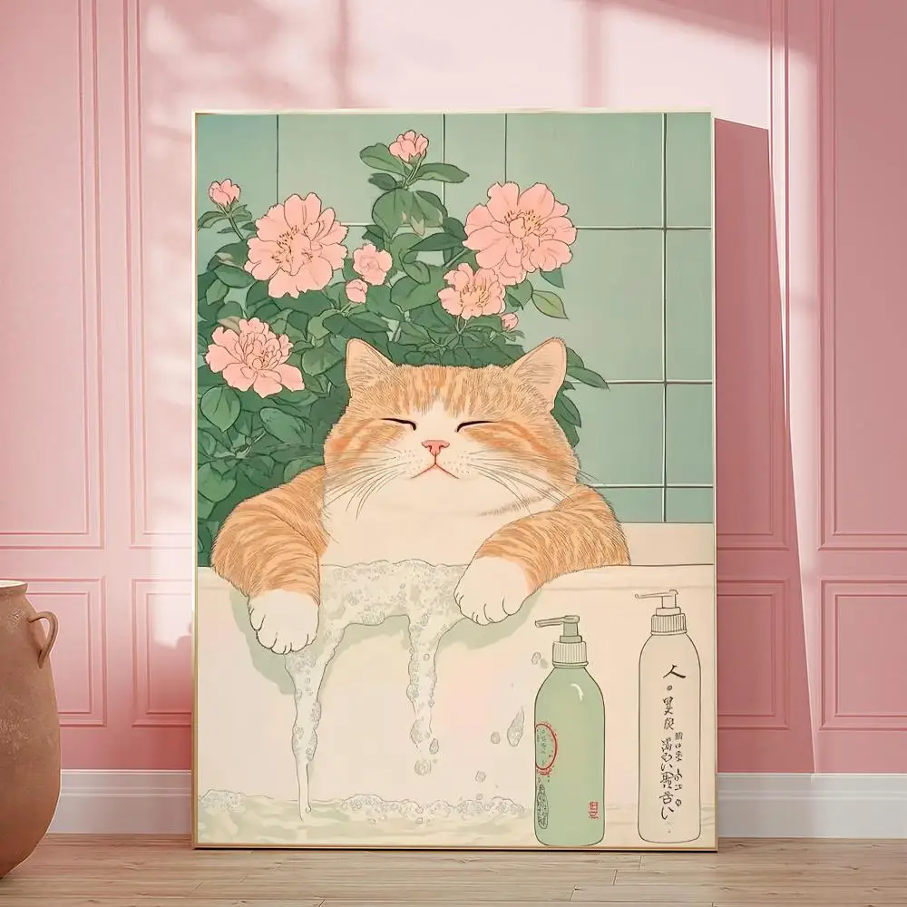 Ukiyo-e Ginger Cat HD Wall Art Poster Funny Cat in Bathtub Japanese Retro Animal Bathroom Home Decor Cat Lover Gift