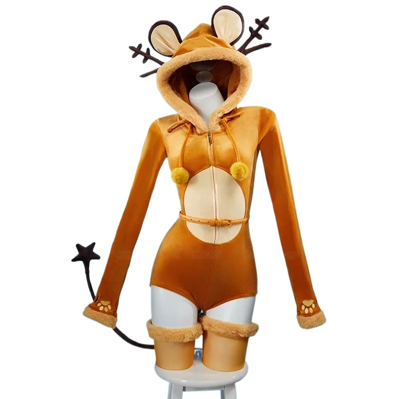 

2025 new Bunny Girl Cartoon Jumpsuit Uniform Dream Dong Dong Mouse cosplay costume Women Sexy Flannel Hooded Bodysuit Socks Suit