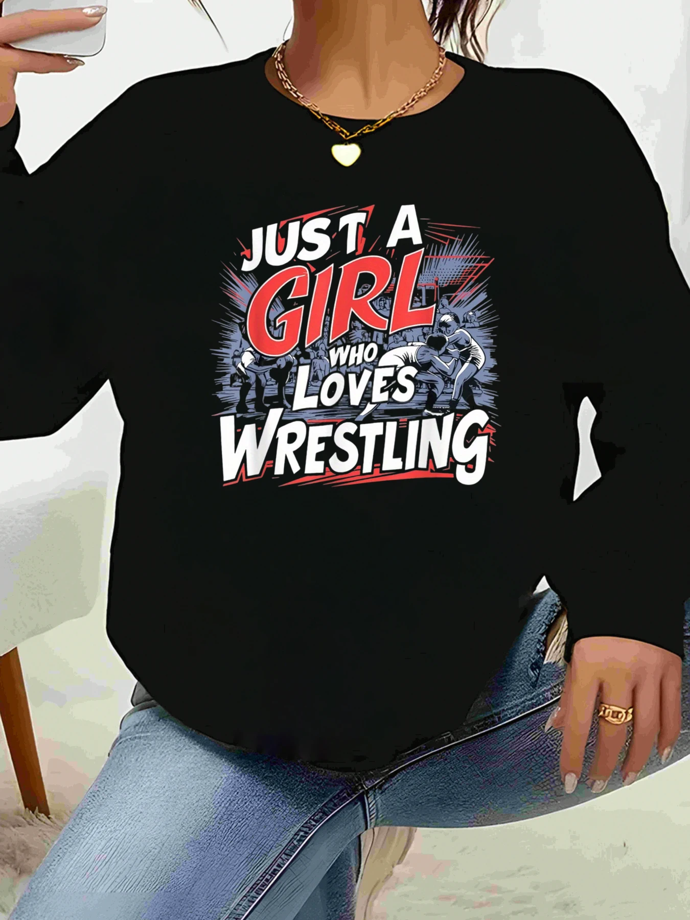 

Толстовка с длинными рукавами и графическим принтом Just a Girl Who Loves Wrestling для повседневной женской одежды