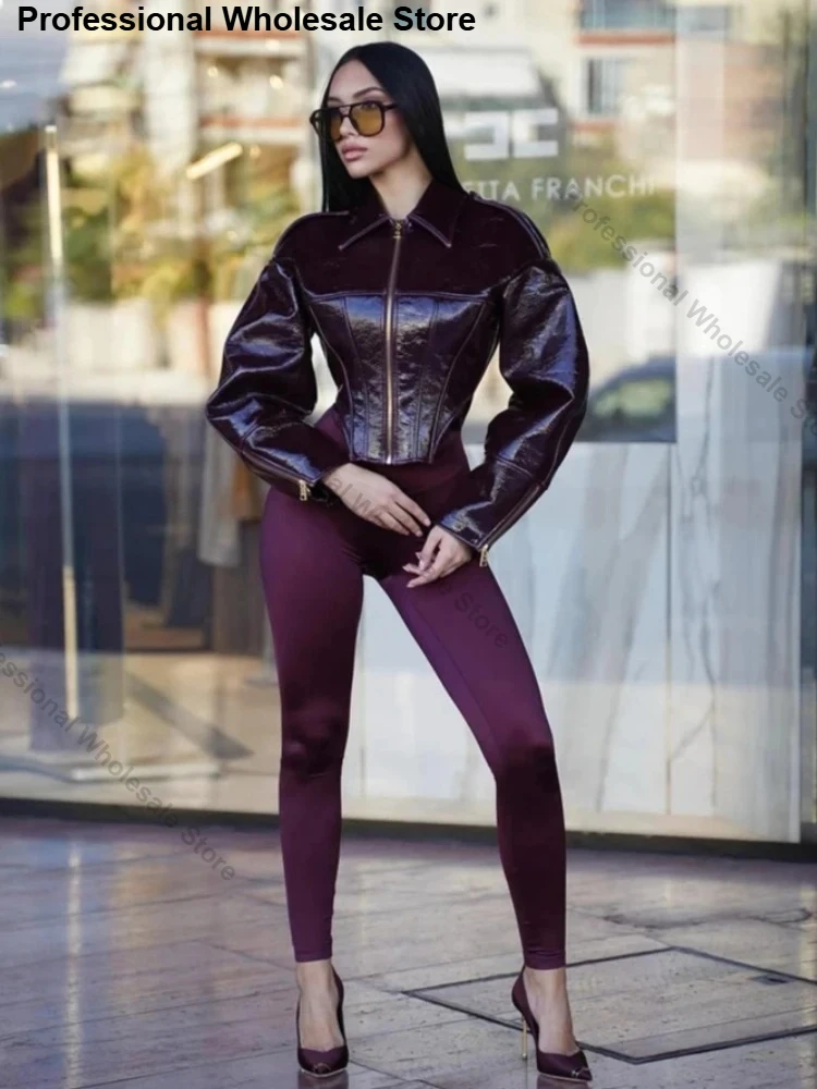 Women Zipper Short Coat Elegant Women's Leather Jacket Retro Coated Cinched-waist New Party High Street Coat Lady Leather Jacket